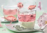  absurdres animal_focus blurry blurry_background cherry_blossoms cup dated fish flower food food_focus gelatin highres no_humans original pink_flower plate shadow signature spoon surreal tainosuke white_flower 