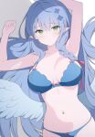  1girl absurdres blue_archive blue_bra blue_hair blue_panties blue_wings blush bra braid breasts chinese_commentary closed_mouth collarbone cowboy_shot feathered_wings green_eyes highres jyt large_breasts long_hair looking_at_viewer mine_(blue_archive) navel panties pointy_ears single_braid solo underwear underwear_only wings 