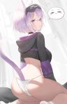  1girl absurdres ahoge animal_ear_fluff animal_ears ass blush breasts cat_ears cat_girl cat_tail collar cropped_jacket fang hair_between_eyes highres hololive hood hooded_jacket jacket large_breasts long_sleeves looking_at_viewer nekomata_okayu parted_lips purple_eyes purple_hair short_hair skin_fang sleep_mask socks solo tail thighs three_twosix virtual_youtuber 