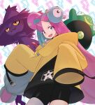  1girl :d absurdres bellibolt bike_shorts commentary_request eyelashes green_hair highres iono_(pokemon) jacket long_hair looking_at_viewer looking_down mismagius multicolored_hair open_mouth pink_hair pokemon pokemon_(creature) pokemon_(game) pokemon_sv purple_eyes single_leg_pantyhose sleeves_past_fingers sleeves_past_wrists smile star_(symbol) star_print teeth twintails two-tone_hair upper_teeth_only yarutetsu yellow_jacket 