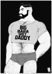  1boy abs arm_hair bara beard bulge chest_hair dad_shirt doctor_anfelo facial_hair greyscale hairy highres large_pectorals leg_hair looking_to_the_side male_focus mature_male midriff monochrome muscular muscular_male navel_hair original pectorals reaching reaching_towards_viewer shirt short_hair short_shorts shorts solo standing strongman_waist t-shirt thick_eyebrows thick_thighs thighs 