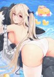  1girl anchorage_(azur_lane) anchorage_(dolphins_and_swim_lessons)_(azur_lane) ass azur_lane bare_back bare_shoulders bikini bird breasts brown_hair chick from_behind hair_between_eyes hair_ornament heart heart-shaped_eyewear highres inflatable_orca inflatable_toy innertube large_breasts light_blush light_brown_hair long_hair looking_at_viewer looking_back lying manjuu_(azur_lane) on_stomach open_mouth pink_eyes rubber_duck side-tie_bikini_bottom sideboob swimsuit thighhighs topless twintails umiya_mizuki water white_bikini white_thighhighs 