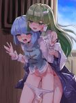  2girls arm_grab bad_id bad_pixiv_id blue_eyes blue_hair blue_shirt blue_skirt blush crying crying_with_eyes_open frog_hair_ornament futa_with_female futanari green_eyes green_hair gunnjou_yosio hair_ornament heterochromia highres implied_futanari implied_sex kochiya_sanae long_hair multiple_girls no_pants open_mouth outdoors panties panty_pull pussy_juice red_eyes sex sex_from_behind shirt short_hair single_hair_tube skirt tatara_kogasa tears touhou underwear 