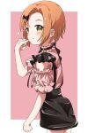  1girl absurdres black_skirt blush bow clothing_cutout forehead frilled_shirt frills hair_bow heart highres idolmaster idolmaster_cinderella_girls looking_at_viewer looking_to_the_side orange_hair pink_shirt pinky_out ryuzaki_kaoru shirt short_hair shoulder_cutout simple_background skirt smile solo suspender_skirt suspenders two-tone_background yairo_ju yellow_eyes 