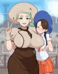 2girls afrobull age_difference alternate_breast_size apron ascot belly blush braid breasts brown_ascot brown_hair brown_skirt buttons collared_shirt covered_nipples curvy gloves green_eyes green_hair hat height_difference highres huge_breasts juliana_(pokemon) katy_(pokemon) light_green_hair long_hair mature_female mole mole_on_cheek multiple_girls naranja_academy_school_uniform necktie open_mouth plump pokemon pokemon_(game) pokemon_sv puffy_short_sleeves puffy_sleeves school_uniform shirt short_sleeves side_ponytail skirt smile 