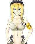  1girl armband bare_shoulders blonde_hair blue_eyes breasts cleavage closed_mouth clothes_writing collarbone commentary cowboy_shot goddess_of_victory:_nikke hair_between_eyes hands_on_own_hips highres looking_at_viewer maxwell_(nikke) mechanical_legs medium_breasts midriff navel nero_(voyaki) short_hair short_hair_with_long_locks simple_background smile solo sports_bra standing visor_cap white_background white_sports_bra 