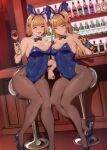  2girls :d alcohol alp animal_ears bare_arms bare_shoulders black_bow black_bowtie blonde_hair blue_footwear blue_hairband blue_leotard bottle bow bowtie braid breasts brown_pantyhose check_copyright cleavage closed_mouth commentary copyright_request covered_navel cup detached_collar fake_animal_ears hair_ornament hairband high_heels highleg highleg_leotard highres holding holding_bottle holding_cup large_breasts leotard long_hair multiple_girls open_mouth original pantyhose playboy_bunny rabbit_ears short_hair sitting smile symbol-only_commentary thighs wrist_cuffs yellow_eyes 