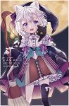  1girl animal_ears asymmetrical_legwear black_thighhighs blue_eyes bow broom cat_ears dress hair_bow highres holding holding_broom jikuno long_hair low_twintails moon night open_mouth original purple_bow solo thighhighs twintails uneven_legwear white_bow white_hair 