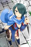  1girl absurdres alternate_costume blue_eyes blue_hair breasts fire_emblem fire_emblem_fates hair_over_one_eye hairband highres holding_shuriken kunai looking_at_viewer medium_breasts ninja open_mouth sandals setsuna_(fire_emblem) weapon yukia_(firstaid0) 