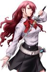 1girl belt black_skirt bow bowtie buttons floating_hair gekkoukan_high_school_uniform hair_over_one_eye highres holding holding_sword holding_weapon kirijou_mitsuru lips long_hair long_sleeves looking_at_viewer masatoshi_1219 one_eye_covered parted_lips persona persona_3 pink_lips red_bow red_bowtie red_eyes red_hair school_uniform shirt simple_background skirt solo sword uniform very_long_hair weapon white_background white_belt white_shirt 