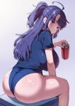  1girl 9eep absurdres ahoge ass black_shirt blue_archive blue_buruma blush breasts buruma can from_behind grey_background gym_uniform halo highres holding holding_can huge_breasts long_hair looking_back official_alternate_costume purple_eyes purple_hair shirt short_sleeves sitting solo thighs yuuka_(blue_archive) yuuka_(track)_(blue_archive) 