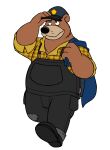  2023 anthro bear black_nose brok_the_investigator brown_body clothing glassesgator hat headgear headwear hi_res humanoid_hands male mammal official_art overalls overweight overweight_male r.j._(brok_the_investigator) shirt solo topwear 