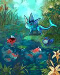  flower goldeen grass highres john_ramsey lily_pad no_humans outdoors plant pokemon pokemon_(creature) poliwag seaking vaporeon water yellow_flower 