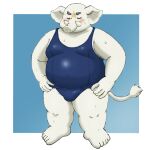 anthro belly blush bodily_fluids bulge clothing elephant elephantid embarrassed eyebrows eyes_closed grey_body hi_res hizen_(tamacolle) male mammal moobs overweight proboscidean school_swimsuit solo sweat swimwear tamacolle thick_eyebrows tusks yaki_atsuage 