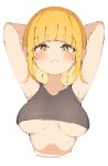  1girl armpits arms_behind_head arms_up black_tank_top blonde_hair blunt_bangs blush boku_no_hero_academia breasts closed_mouth crop_top cropped_torso highres large_breasts looking_at_viewer medium_hair rasusurasu simple_background sketch smile solo tank_top toga_himiko underboob upper_body white_background yellow_eyes 