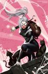  1girl animal backpack bag black_bodysuit black_cat bodysuit cat edge_of_spider-verse english_text felicia_hardy highres in-hyuk_lee long_hair looking_at_viewer marvel night-spider spider-man_(series) squatting web_address white_hair 