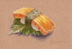  brown_background colored_pencil_(medium) dated food food_focus hanajorin leaf no_humans omelet original rice shadow signature simple_background still_life sushi tamagoyaki traditional_media 