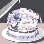  apron bad_id bad_twitter_id cake commentary_request food glint hair_ribbon knife lokulo-chan lokulo_no_mawashimono lowres open_mouth original plate purple_eyes purple_hair red_ribbon ribbon surreal white_apron 