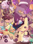  :3 :o animal_focus black_headwear black_sclera candy closed_eyes colored_sclera colored_skin drifloon english_commentary fang fangs floating food gengar ghost grin halloween halloween_costume hanabusaoekaki hat highres jack-o&#039;-lantern lantern lightning_bolt_print litwick no_humans one_eye_closed phantump pikachu pokemon pokemon_(creature) pumpkaboo purple_skin red_eyes rotom rotom_(normal) sandygast screw smile solid_circle_eyes solid_oval_eyes tail teeth top_hat upside-down witch_hat yellow_eyes yellow_skin 