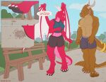  anthro bench bottomwear bra city clothed clothing colored crushed_micros dialogue dragon duo eve_softpaw female foot_crush goldie_(golderoug) horn macro male micro park pink_body plant shorts shrub sports_bra thaz_(artist) topless underwear 