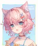  1girl animal_ear_fluff animal_ears aqua_eyes aqua_hair bare_shoulders bell blue_background blue_camisole blush border bright_pupils camisole cat_ears choker collarbone fang fish_hair_ornament gradient_hair hair_ornament highres jingle_bell lixiang_guo_alice looking_at_viewer multicolored_hair neck_bell open_mouth original outside_border pink_hair red_choker short_hair simple_background skin_fang solo twitter_username upper_body white_border x_hair_ornament 
