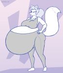  &copy; 2023 anthro ashley_(satsumalord) belly big_belly big_breasts bottomwear breasts canid canine clothed clothing digital_media_(artwork) female fox hair hand_on_hip hi_res mammal pants ponytail pregnant satsumalord solo symbol topwear 