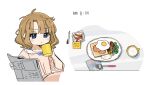  1girl ahoge apple apple_slice blue_eyes breakfast brown_hair closed_mouth commentary cup food fork fried_egg fruit holding holding_cup holding_newspaper idolmaster idolmaster_million_live! long_sleeves medium_hair messy_hair newspaper pajamas pen pink_pajamas plate serious sidelocks solo spawnfoxy suou_momoko table upper_body v-shaped_eyebrows wavy_hair white_background 