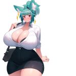  1girl animal_ears bag black_bra black_skirt blush bow bra breasts green_bow green_hair hair_bow haru_feng highres huge_breasts large_breasts looking_at_viewer original red_eyes shirt short_hair shoulder_bag skirt solo tail thick_thighs thighs underwear white_background white_shirt wolf_ears wolf_girl 