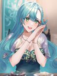  1girl aqua_hair blush braid breasts chloe_(fire_emblem) cleavage earrings fire_emblem fire_emblem_engage green_eyes hair_between_eyes highres jewelry large_breasts long_hair looking_at_viewer official_alternate_costume open_mouth own_hands_clasped own_hands_together smile solo teeth tomo_shirasu tongue upper_teeth_only very_long_hair 