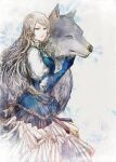  1girl animal blue_eyes blue_gloves blue_vest braid dog dress final_fantasy final_fantasy_xvi gloves grey_hair grey_wolf holding holding_animal holding_dog ice_crystal ice_shard jill_warrick long_hair looking_at_viewer puffy_sleeves ruka_(blueplus84) side_braid simple_background single_braid skirt square_enix standing torgal_(ff16) vest white_dress white_skirt 