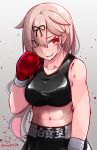  1girl absurdres artist_name baileys_(tranquillity650) black_ribbon blonde_hair blood blood_on_body blood_on_face boxing_gloves breasts collarbone gloves grin hair_flaps hair_ribbon highres kantai_collection large_breasts long_hair navel red_eyes red_gloves ribbon signature smile solo twitter_username yuudachi_(kancolle) yuudachi_kai_ni_(kancolle) 