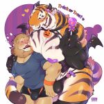  age_difference anthro armwear big_muscles bulge_grab clothing duo elbow_gloves felid giraffe_(artist) gloves halloween handwear hi_res holidays huge_muscles huge_pecs jack-o&#039;-lantern lam-chan larger_male lion lion-san male male/male mammal muscular pantherine pasties shirt size_difference smaller_male tiger topwear 