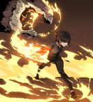  1girl 1other attack black_footwear black_hair black_pants brown_background choker colored_sclera dark dragon earrings fighting fire fire_mage_(gogalking) gogalking grey_sclera grey_shirt highres jewelry magic motion_blur motion_lines orange_eyes original pants sharp_teeth shirt teeth 