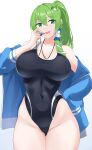  1girl absurdres black_one-piece_swimsuit blue_jacket breasts collarbone competition_swimsuit covered_navel frog_hair_ornament green_eyes green_hair hair_ornament hair_tubes highleg highleg_swimsuit highres ibuki_grunt jacket kochiya_sanae large_breasts long_hair long_sleeves looking_at_viewer multicolored_clothes multicolored_swimsuit one-piece_swimsuit open_clothes open_jacket open_mouth ponytail simple_background smile snake_hair_ornament solo standing swimsuit touhou track_jacket two-tone_swimsuit whistle whistle_around_neck white_background white_one-piece_swimsuit 