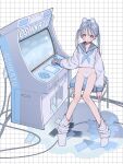  1girl absurdres arcade_cabinet blue_eyes blue_hair blue_neckerchief blue_sailor_collar blush commentary highres neckerchief no_shoes open_mouth original panties sailor_collar school_uniform serafuku sitting socks solo symbol-only_commentary underwear wata_kinoshi white_panties white_socks 