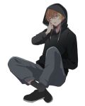  1boy black_footwear black_hoodie blonde_hair blue_eyes commentary_request full_body grey_pants grey_socks hair_between_eyes hand_up highres hood hood_up hoodie hoshino_aquamarine knees_up long_sleeves looking_at_viewer male_focus official_alternate_costume open_mouth oshi_no_ko pants shoes short_hair simple_background sitting socks solo star-shaped_pupils star_(symbol) sunohara_(marble0131) symbol-shaped_pupils white_background 