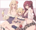  3girls aponia_(honkai_impact) bikini black_nails blonde_hair breasts cleavage collarbone cup drinking drinking_glass drinking_straw earrings eden_(honkai_impact) eyepatch fingernails fischl_(genshin_impact) floral_print flower genshin_impact green_eyes hair_between_eyes hair_flower hair_ornament hairband highres holding holding_cup honkai_(series) honkai_impact_3rd jewelry large_breasts long_fingernails long_hair long_sleeves multiple_girls nail_polish navel one_eye_covered open_mouth ponytail purple_eyes red_hair shiratama_(srtm_on) sitting skirt smile swimsuit white_hairband wide_sleeves yellow_eyes 