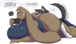  2023 5_fingers anthro big_breasts big_butt blue_bottomwear blue_clothing blue_pants blue_topwear bottomwear breasts brown_body brown_fur brown_hair buckteeth butt canid canine canis clothing dew_(dewwydarts) dewwydarts dialogue duo english_text eyes_closed female fingers fur generation_4_pokemon grey_body grey_fur hair hi_res huge_breasts huge_butt lagomorph long_ears looking_at_object looking_at_phone lopunny lucy_(dewwydarts) lying lying_on_butt male male/female mammal multicolored_body multicolored_fur nintendo on_front on_ground pants pink_eyes pokemon pokemon_(species) simple_background teeth text thick_thighs topwear two_tone_body two_tone_fur white_background white_body white_fur wolf 