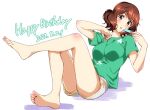  1girl alternate_costume barefoot birthday breasts brown_eyes brown_hair casual crossed_legs dolphin_shorts eating feet food green_shirt happy_birthday hibike!_euphonium highres knees_up legs lying medium_breasts on_back oumae_kumiko popsicle shirt short_hair shorts soles solo toenails toes ukkii wavy_hair white_background white_shorts 