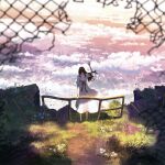  1girl black_hair chain-link_fence city cloud dress fence flower from_behind grass hill long_hair original railing ruins scenery shuu_illust sign sky solo standing white_dress 