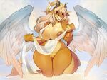  anthro blonde_hair blush breasts brown_body clothed clothing feathered_wings feathers female genitals hair hi_res horn nipples pussy scalie smile solo spirale tail translucent translucent_clothing wings 