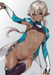  1boy armpits black_shirt black_thighhighs braid cape commentary crop_top crotch_plate dark-skinned_female dark_elf dark_skin dated earrings elf floating_hair gradient_background grey_background grey_hair groin hair_between_eyes head_tilt highres hip_armor jewelry leg_up long_hair looking_at_viewer low_ponytail male_focus mole mole_on_stomach navel nipples orange_eyes original otoko_no_ko outstretched_arm parted_bangs parted_lips pointy_ears revealing_clothes shirt short_eyebrows shrug_(clothing) sidelocks signature single_braid sketch solo stomach tawapo thigh_gap thighhighs 