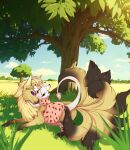  absurd_res anthro black_paws black_tail_tip clothed clothing cloudscape collar detailed_background dragon dress duo fallenpie_(artist) female feral fur furred_dragon generation_1_pokemon hi_res horn jewelry larger_male long_tail male male/female mane multi_tail nature nature_background neck_tuft ninetales nintendo pink_horn pokemon pokemon_(species) purple_eyes raised_tail red_eyes sae_(oc) size_difference sky smile strawberry_pattern tail tail_tuft tokala_freygund tuft white_body white_fur yellow_body yellow_fur 