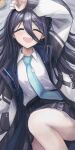  &lt;key&gt;_(robot)_(blue_archive) 1girl absurdly_long_hair aris_(blue_archive) bag_(chrko_bag) bed_sheet black_skirt blue_archive blue_necktie blush buttons closed_eyes collared_shirt facing_viewer highres jacket long_hair long_sleeves necktie open_clothes open_jacket open_mouth pleated_skirt shirt skirt smile solo very_long_hair white_jacket white_shirt 