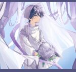  1boy blue_background blue_flower bouquet closed_mouth flower genshin_impact hair_between_eyes highres holding holding_bouquet jewelry letterboxed long_sleeves male_focus mnce_o necklace purple_eyes purple_hair purple_veil scaramouche_(genshin_impact) scaramouche_(kabukimono)_(genshin_impact) simple_background solo veil wide_sleeves 