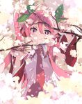  1girl ahoge cherry_blossoms closed_mouth commentary_request detached_sleeves hair_between_eyes hatsune_miku ixy long_hair looking_at_viewer nail_polish necktie pink_hair purple_eyes red_nails red_necktie red_sleeves sakura_miku smile solo twintails vocaloid 