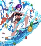  1girl armband banana bare_shoulders belt bikini breasts fingerless_gloves fire_emblem fire_emblem:_three_houses fire_emblem_heroes fire_emblem_warriors:_three_hopes flower food fruit full_body gloves grapes hair_ornament hair_over_one_eye hibiscus highres holding holding_weapon kiwi_(fruit) long_hair medium_breasts navel non-web_source official_art open_mouth pineapple purple_eyes purple_hair see-through shez_(female)_(fire_emblem) shez_(fire_emblem) smile solo stomach surfboard swimsuit thigh_strap toeless_footwear transparent_background water water_drop weapon 