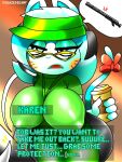  3:4 anthro big_breasts big_butt blazedscarf breast_squish breasts butt clothing dialogue english_text felid feline female gun hi_res karen_(smg4) leggings legwear mammal mature_female ranged_weapon shotgun smg4 solo squish text thick_thighs tight_clothing weapon wide_hips 