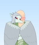  2022 anon_(snoot_game) anthro bald blush claws clothing digital_drawing_(artwork) digital_media_(artwork) dinosaur doomed_predator duo embrace eyelashes eyeliner eyes_closed fang_(gvh) feathered_wings feathers female fingers goodbye_volcano_high grey_body grey_scales hair hi_res hug hugging_from_behind human jacket light-skinned_male light_body light_skin long_hair makeup male male/female mammal pterodactylus pterosaur reptile scales scalie silver_hair simple_background smile snoot_game_(fan_game) snout topwear using_wings wing_hug wings 