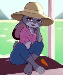  :3 anthro carrot clothed clothing disney fantharubi female food hat headgear headwear hi_res judy_hopps lagomorph leporid looking_at_viewer mammal open_clothing open_mouth open_shirt open_smile open_topwear plant rabbit shirt sitting smile solo topwear vegetable zootopia 